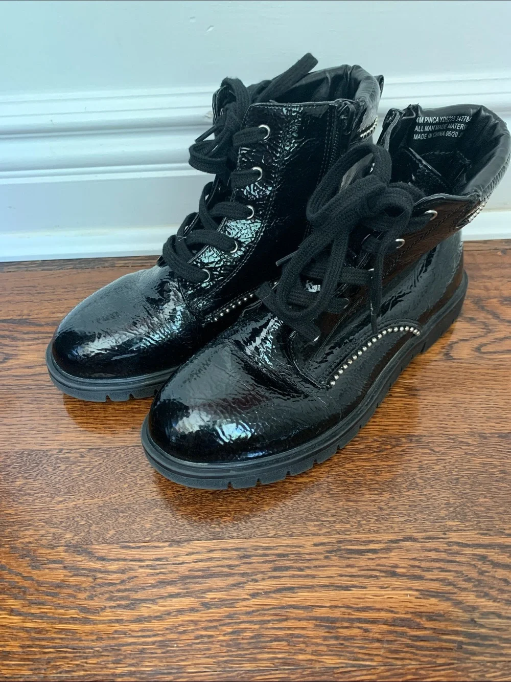 Sugar Black Patent Combat Boots with Silver Stud Accents